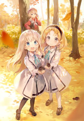 Rule 34 | 3girls, autumn, autumn leaves, blonde hair, blue eyes, blurry, child, cow, depth of field, dress, from above, full body, gilse, leaves, loafers, looking at viewer, multiple girls, mushroom, nature, outdoors, shoes, silver hair, smile, squirrel, standing, tree