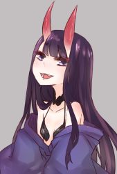 Rule 34 | 1girl, :d, alternate hair length, alternate hairstyle, bare shoulders, blunt bangs, commentary request, fangs, fate/grand order, fate (series), grey background, horns, i.u.y, japanese clothes, long hair, looking at viewer, off shoulder, oni, open mouth, purple eyes, purple hair, shuten douji (fate), simple background, skin-covered horns, smile, solo, teeth, upper body