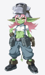 Rule 34 | 1girl, belt pouch, boots, breasts, colored skin, fang, female goblin, gloves, goblin, green skin, hand on own hip, long ears, midriff, mimizu (tokagex), pink hair, pointy ears, pouch, small breasts, smile, solo, tail, welding mask, yellow eyes