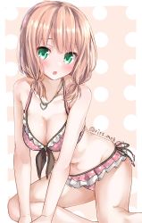 Rule 34 | 1girl, absurdres, bang dream!, bikini, blush, breasts, cleavage, commentary, frilled bikini, frills, front-tie bikini top, front-tie top, green eyes, hair tie, halterneck, heart, heart necklace, highres, jewelry, kawai ritsu (rits meg), leaning to the side, light frown, long hair, looking at viewer, low twintails, medium breasts, navel, necklace, open mouth, pink background, pink bikini, pink hair, polka dot, polka dot background, sitting, solo, swimsuit, twintails, twitter username, uehara himari, yokozuwari