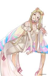 Rule 34 | 1girl, arm support, aurora (fate), blonde hair, blush, butterfly wings, carimarica, character request, circlet, fate/grand order, fate (series), head tilt, insect wings, long hair, looking at viewer, outstretched arm, smile, solo, very long hair, wings