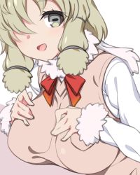 Rule 34 | 10s, 1girl, :d, alpaca suri (kemono friends), blonde hair, breast pocket, breasts, fur-trimmed sleeves, fur scarf, fur trim, grey eyes, hair over one eye, hands on own chest, hands up, horizontal pupils, kemono friends, kuro mushi, large breasts, leaning forward, long sleeves, looking at viewer, medium hair, open mouth, pocket, scarf, shirt, smile, solo, sweater vest, upper body