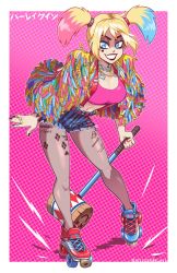 Rule 34 | 1girl, aqua hair, artist name, batman (series), belt, black nails, blonde hair, blue eyes, breasts, dc comics, eyeshadow, full body, gradient background, halftone, harley quinn, highres, holding, holding mallet, jewelry, leaning forward, makeup, mallet, midriff, mike luckas, multicolored hair, nail polish, navel, pantyhose, pink background, pink hair, pink nails, pink sports bra, ring, roller skates, shorts, skates, smile, solo, sports bra, standing, striped clothes, striped shorts, twintails