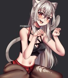 Rule 34 | 1girl, 7fennec7, absurdres, animal ears, black nails, breasts, cat ears, cat girl, cat tail, cleavage, collar, fangs, grey hair, highres, indie virtual youtuber, long hair, midriff, nail polish, navel, open mouth, pantyhose, paw pose, saruei (vtuber), smile, solo, tail, torn clothes, torn pantyhose, virtual youtuber
