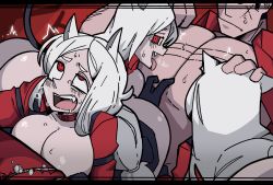 Rule 34 | 1boy, 3girls, animal ears, arm garter, ass, bisexual female, blush, breasts, cerberus (helltaker), demon girl, demon tail, dog ears, fang, helltaker, helltaker (character), hetero, highres, large breasts, long hair, mark gavatino, multiple girls, open mouth, red eyes, red shirt, shared sense, shirt, tail, trembling, triplets, uneven eyes, white hair