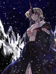 Rule 34 | 1girl, alternate color, alternate costume, bare shoulders, blonde hair, blurry, breasts, collarbone, cup, depth of field, fingernails, grin, highres, horns, hoshiguma yuugi, japanese clothes, kimono, large breasts, leaf print, long fingernails, long hair, long sleeves, mountain, mountainous horizon, nail polish, night, night sky, obi, off shoulder, open clothes, open kimono, parted bangs, pointy ears, purple kimono, purple sash, red horns, red nails, sakazuki, sarashi, sash, sharp fingernails, shiny clothes, shiny skin, sidelocks, single horn, sky, smile, snow, solo, standing, star (symbol), star print, sunnysideup, thighs, touhou, very long hair, wide sleeves, wind
