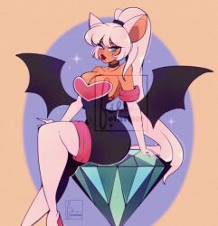 Rule 34 | 1girl, animal ears, arm support, bat ears, bat girl, bat wings, black bodysuit, blue eyes, blush, bodysuit, boots, breasts, chaos emerald, choker, cleavage, collarbone, cresscin, dark skin, eyeshadow, gem, gloves, green gemstone, heart, humanization, large breasts, long hair, looking at viewer, makeup, mole, mole under mouth, ponytail, red lips, rouge the bat, sega, sitting, smile, sonic (series), sparkle, thigh boots, white footwear, white gloves, white hair, wings