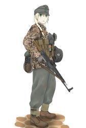 Rule 34 | 1girl, assault rifle, blonde hair, braid, camouflage, canteen, combat helmet, explosive, flecktarn, gaiters, gloves, green eyes, grenade, gun, gun sling, hand grenade, helmet, highres, looking at viewer, magazine (weapon), mardjan, military, military uniform, original, pouch, rifle, schutzstaffel, shovel, simple background, soldier, solo, stahlhelm, stg44, stick grenade, stielhandgranate, trigger discipline, twin braids, uniform, waffen-ss, weapon, white background, worktool, world war ii