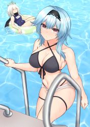 Rule 34 | 2girls, absurdres, afloat, alternate costume, bad id, bad pixiv id, bare shoulders, bikini, black bikini, black scarf, blue hair, breasts, cleavage, closed eyes, collarbone, commentary request, contemporary, eula (genshin impact), genshin impact, hair between eyes, halo, highres, in water, innertube, kirima (user danf8787), long hair, looking at viewer, mechanical halo, medium breasts, multiple girls, name tag, navel, old school swimsuit, one-piece swimsuit, paimon (genshin impact), partially submerged, pool, pool ladder, poolside, red eyes, scarf, school swimsuit, short hair, short shorts, shorts, sidelocks, skindentation, stomach, swim ring, swimsuit, wet, wet clothes, wet swimsuit, white hair
