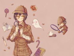 Rule 34 | 1boy, black hair, blush, book, brown capelet, brown eyes, brown hair, brown headwear, brown jacket, buttons, candy, capelet, closed mouth, commentary request, danganronpa (series), danganronpa v3: killing harmony, deerstalker, detective, double-breasted, ewa (seraphhuiyu), food, ghost, hair between eyes, hands up, hat, highres, holding, jacket, lollipop, long sleeves, looking at viewer, magnifying glass, male focus, multiple views, open mouth, plaid, plaid shirt, pumpkin, saihara shuichi, shirt, short hair, star (symbol), translation request, unmoving pattern, yellow eyes