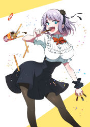 Rule 34 | 10s, 1girl, black skirt, blue eyes, blush, bow, bowtie, breasts, cowboy shot, dagashi kashi, eating, eyelashes, female focus, food, headband, high-waist skirt, highres, large breasts, leaning forward, light purple hair, looking at viewer, naa, nail polish, open mouth, pantyhose, pinky out, red bow, red bowtie, red nails, shidare hotaru, shirt, short hair, short sleeves, simple background, skirt, snack, solo, suspender skirt, suspenders, two-tone background, white background, white shirt, yellow background
