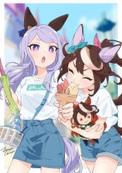 Rule 34 | 2girls, absurdres, animal ears, artist name, bag, biting, blue shorts, blue skirt, blurry, blurry background, breasts, bright pupils, brown hair, character doll, closed eyes, cowboy shot, hugging doll, ear covers, food, highres, holding, holding food, horse ears, horse girl, horse tail, ice cream, ice cream cone, long hair, mejiro mcqueen (umamusume), multicolored hair, multiple girls, hugging object, open mouth, ponytail, purple eyes, purple hair, shirt, shirt tucked in, short sleeves, shorts, shoulder bag, skirt, small breasts, streaked hair, symboli rudolf (umamusume), tail, thick eyebrows, tokai teio (umamusume), umamusume, v-shaped eyebrows, walking, white pupils, white shirt, zetsuyo chimayo