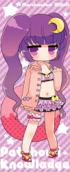 Rule 34 | 1girl, alternate costume, alternate hairstyle, artist name, bad id, bad pixiv id, bow, breasts, character name, cleavage, crescent, crescent hair ornament, english text, female focus, hair ornament, long hair, long sleeves, mashiro miru, navel, patchouli knowledge, purple eyes, purple hair, small breasts, solo, touhou, very long hair