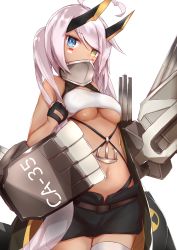Rule 34 | 1girl, absurdres, ahoge, azur lane, bandeau, black gloves, blue eyes, blush, breasts, clenched hand, clip studio paint (medium), commentary request, covered mouth, cowboy shot, dark-skinned female, dark skin, facepaint, fingerless gloves, gloves, heart, heart ahoge, heterochromia, highres, horns, indianapolis (azur lane), long hair, looking at viewer, mechanical arms, mechanical horns, medium breasts, midriff, nanakaku, navel, nuclear weapon, pink hair, radiation symbol, rigging, simple background, solo, thighhighs, turtleneck, twintails, underboob, very long hair, white background, white bandeau, white thighhighs, yellow eyes