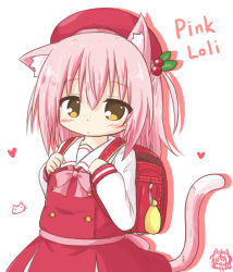 Rule 34 | 1girl, animal ear fluff, animal ears, backpack, bag, beret, blonde dog girl (ri-net), blush, bow, brown eyes, cat ears, cat girl, cat tail, character name, closed mouth, colored shadow, dress, drop shadow, hair between eyes, hands up, hat, heart, holding strap, kemonomimi mode, long hair, long sleeves, looking at viewer, original, pink bow, pink hair, pink loli (rinechun), pleated dress, randoseru, red dress, red hat, ri-net, school uniform, shadow, shirt, sleeveless, sleeveless dress, sleeves past wrists, solo, tail, two side up, white background, white shirt