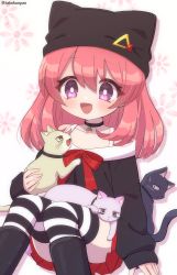 Rule 34 | 1girl, 3boys, :d, animal, animal collar, animal hat, animal on lap, animalization, blush, boots, cat hat, choker, collar, floral background, hat, hat ornament, hebiyama chiaki, holding, holding animal, kenji (youkai watch), knees up, long hair, long sleeves, looking down, miharu (youkai watch), multiple boys, off-shoulder shirt, off shoulder, on lap, open mouth, pink hair, pleated skirt, purple eyes, ribbon, satoshi (youkai watch), shirt, sitting, skirt, sleeves past wrists, smile, striped clothes, striped thighhighs, tabana, thighhighs, twitter username, youkai watch, youkai watch jam: youkai gakuen y