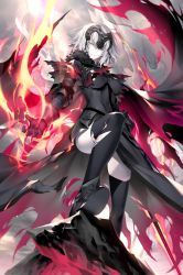 Rule 34 | 1girl, ahoge, armor, armored boots, armored dress, black thighhighs, boots, breasts, cape, cloud, cloudy sky, commentary request, dress, fate/grand order, fate (series), fire, fur-trimmed cape, fur collar, fur trim, gauntlets, headpiece, holding, holding sword, holding weapon, jeanne d&#039;arc (fate), jeanne d&#039;arc alter (avenger) (fate), jeanne d&#039;arc alter (fate), kousaki rui, large breasts, long hair, looking at viewer, medium breasts, open mouth, outdoors, short hair, signature, silver hair, sky, smile, solo, sword, thighhighs, torn clothes, torn thighhighs, tsurime, weapon, yellow eyes