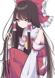 Rule 34 | 1girl, bow, brown hair, closed mouth, detached sleeves, hair bow, hair tubes, hakurei reimu, highres, long hair, looking at viewer, red bow, red eyes, solo, touhou, tsukimirin, very long hair