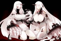 Rule 34 | 10s, 2girls, abyssal ship, boots, breasts, claws, cleavage, cleavage cutout, clothing cutout, collar, colored skin, detached sleeves, dress, female focus, garter straps, giant hand, gigantic breasts, gradient background, holding hands, horns, huge breasts, kantai collection, knee boots, kneeling, long hair, meru (merumumu), multiple girls, red eyes, ribbed dress, ribbed sweater, seaport princess, seaport water oni, short dress, single horn, smile, sweater, very long hair, white footwear, white hair, white skin