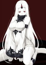 Rule 34 | 10s, 1girl, abyssal ship, between legs, black background, boots, breasts, commentary request, covered mouth, detached sleeves, dress, hand between legs, highres, horns, kantai collection, large breasts, long hair, looking at viewer, niwatazumi, red eyes, ribbed sweater, seaport princess, single horn, sitting, solo, sweater, sweater dress, white hair, wide sleeves, yokozuwari
