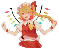 Rule 34 | 1girl, ascot, back bow, blonde hair, blush, bow, breasts, collared shirt, crossed bangs, crystal, eyelashes, fang, fangs, fingernails, flandre scarlet, frills, grey bow, grey hat, grey shirt, hair between eyes, hands up, hat, hat ribbon, highres, jewelry, looking at viewer, medium breasts, mob cap, multicolored wings, noriuma, one side up, open mouth, puffy short sleeves, puffy sleeves, red eyes, red ribbon, red skirt, red vest, ribbon, shirt, short hair, short sleeves, simple background, skirt, smile, solo, tongue, touhou, vest, white background, wings, wrist cuffs, yellow ascot