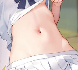 Rule 34 | 1girl, clothes lift, head out of frame, midriff, mignon, navel, original, pleated skirt, shiro-chan (mignon), shirt, shirt lift, skirt, solo, white shirt, white skirt