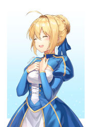 Rule 34 | 0v0 (l seohui), 1girl, :d, absurdres, ahoge, aqua background, artoria pendragon (all), artoria pendragon (fate), blonde hair, blue dress, blue ribbon, blush, braid, breasts, character name, closed eyes, commentary, dress, eyelashes, fate/grand order, fate (series), hair between eyes, hair ribbon, hands over breasts, heart, highres, open mouth, ribbon, saber (fate), smile, solo, teeth, tongue, upper teeth only