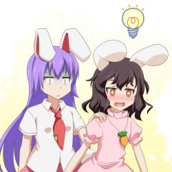 Rule 34 | + +, 2girls, :d, animal ears, black hair, blush, carrot necklace, cato (monocatienus), commentary request, dress, hand on another&#039;s shoulder, inaba tewi, light bulb, long hair, looking away, multiple girls, necklace, necktie, open mouth, pink dress, puffy short sleeves, puffy sleeves, purple hair, rabbit ears, rabbit girl, rabbit tail, red eyes, red neckwear, reisen udongein inaba, shirt, short hair, short sleeves, simple background, smile, tail, touhou, turn pale, white shirt