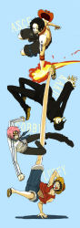 Rule 34 | 4boys, baseball cap, black pants, black shirt, blue background, character name, clenched hand, koby (one piece), cowboy hat, eyewear on head, fire, glasses, hand on headwear, hat, highres, jumping, kaku (one piece), kicking, long image, male focus, military, military uniform, monkey d. luffy, multiple boys, one piece, open mouth, pants, pink hair, pirate, portgas d. ace, sandals, shirt, shorts, simple background, straw hat, tall image, tattoo, teeth, topless male, uniform, vest