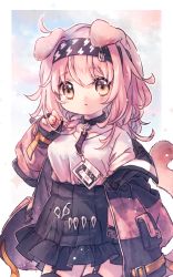Rule 34 | 1girl, animal ears, arknights, black hairband, black jacket, black skirt, black thighhighs, blouse, blush, breasts, brown eyes, cat ears, cat girl, cat tail, commentary request, frilled skirt, frills, garter straps, goldenglow (arknights), hair between eyes, hairband, hand up, jacket, keluy, lightning bolt print, long sleeves, off shoulder, open clothes, open jacket, pink hair, puffy long sleeves, puffy sleeves, shirt, short sleeves, skirt, sleeves past wrists, small breasts, solo, tail, tail raised, thighhighs, white shirt