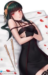 Rule 34 | 1girl, black dress, black gloves, black hair, black thighhighs, breasts, cleavage, closed mouth, covered navel, dagger, dress, fingerless gloves, flower, gloves, gold hairband, hair flower, hair ornament, hairband, helloimtea, highres, knife, lips, lying, medium breasts, on back, patreon username, petals, red eyes, rose, rose petals, sidelocks, solo, spikes, spy x family, thighhighs, twitter username, watermark, weapon, web address, yor briar, zettai ryouiki