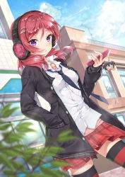 Rule 34 | 1girl, absurdres, black jacket, blue bow, blue bowtie, bow, bowtie, cellphone, cellphone charm, character charm, character doll, charm (object), commentary request, day, dutch angle, hair ornament, hairclip, hands in pockets, headphones, highres, jacket, looking at viewer, love live!, love live! school idol festival, love live! school idol project, miniskirt, nishikino maki, outdoors, phone, plaid, plaid skirt, pleated skirt, purple eyes, red hair, red skirt, school, shirt, skirt, smartphone, solo, user tugd3234, white shirt, yazawa nico