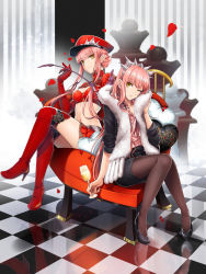 Rule 34 | 2girls, alcohol, alternate costume, aono shimo, bad id, bad pixiv id, boots, champagne, checkered floor, cup, drinking glass, dual persona, elbow gloves, fate/grand order, fate (series), flower, fur scarf, gloves, hat, high heels, highres, long hair, looking at viewer, medb (alluring chief warden look) (fate), medb (fate), midriff, multiple girls, navel, one eye closed, pantyhose, parted lips, peaked cap, petals, pink hair, reflection, riding crop, rose, sitting, skirt, thigh boots, thighhighs, tiara, wine glass, yellow eyes
