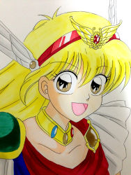 Rule 34 | 1990s (style), 1girl, :d, akazukin chacha, blonde hair, brown eyes, collarbone, female focus, hair between eyes, hairband, happy, head, head wings, highres, jewelry, long hair, looking at viewer, magical princess, neck, neck ring, open mouth, red hairband, retro artstyle, short sleeves, smile, solo, upper body, wings