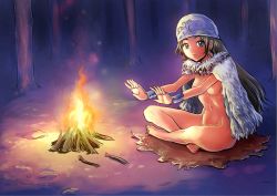Rule 34 | 1girl, absurdres, bandana, black hair, blue bandana, blue eyes, bonfire, breasts, cape, darkvasili, fireplace, forest, from side, functionally nude, hat, highres, indian style, leaning forward, long hair, looking at viewer, nature, navel, nude, on ground, original, outstretched arms, sidelighting, sitting, source request, tareme, white bandana, white cape