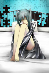 Rule 34 | 1girl, bed, black hair, blue eyes, d.gray-man, feet, highres, legs, lenalee lee, looking down, puzzle, sitting, solo, toes, twintails