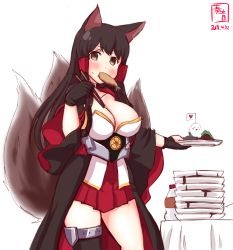 Rule 34 | 1girl, akagi (azur lane), akagi (azur lane) (cosplay), akagi (kancolle), animal ears, artist name, asymmetrical legwear, azur lane, black gloves, black hair, black kimono, black thighhighs, breasts, brown eyes, cleavage, commentary request, contrapposto, cosplay, cowboy shot, crest, dated, eating, food, food in mouth, fox ears, fox girl, fox tail, gloves, hakama, hakama short skirt, hakama skirt, highres, historical name connection, japanese clothes, kanon (kurogane knights), kantai collection, kimono, kitsune, large breasts, long hair, looking at viewer, mouth hold, multiple tails, name connection, partially fingerless gloves, plate, red skirt, revision, shrimp, shrimp tempura, simple background, single thighhigh, skirt, solo, straight hair, table, tail, tempura, thighhighs, uneven legwear, white background