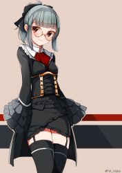 Rule 34 | 1girl, absurdres, alternate costume, black ribbon, black skirt, black thighhighs, blunt bangs, blush, breasts, brown eyes, bustier, closed mouth, framed breasts, frilled sleeves, frills, garter belt, garter straps, glasses, goth fashion, gothic lolita, grey hair, hair ribbon, highres, kantai collection, lolita fashion, medium breasts, ponytail, ribbon, skirt, sleeves past fingers, sleeves past wrists, solo, thighhighs, thighs, twitter username, uut, yuubari (kancolle)