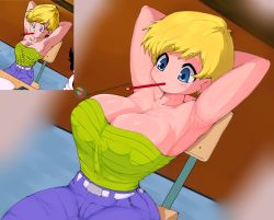 Rule 34 | 1girl, absurdres, animal ears, armpits, arms behind head, belt, blonde hair, blue eyes, blue pants, breasts, chair, cleavage, covered erect nipples, derivative work, dragon ball, dragonball z, green shirt, highres, erasa (dragon ball), large breasts, medium breasts, mouth hold, neo hajime, pants, pencil, reference inset, shadow, shirt, shirt tucked in, short hair, solo, strapless, tube top, watermark, web address