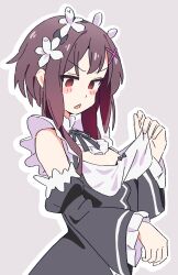 1girl bare_shoulders blush_stickers breast_conscious brown_hair commentary detached_sleeves empty_eyes frilled_sleeves frills grey_background hair_ornament hairclip highres kono_subarashii_sekai_ni_shukufuku_wo! long_sleeves maid megumin noyama_takenoko open_mouth outline oversized_breast_cup re:zero_kara_hajimeru_isekai_seikatsu rem_(re:zero) roswaal_mansion_maid_uniform short_hair_with_long_locks solo triangle_mouth white_outline wide_sleeves x_hair_ornament