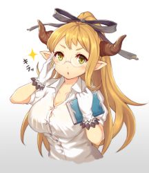 Rule 34 | &gt;:o, 10s, 1girl, :o, adjusting eyewear, blonde hair, blue ribbon, blush, book, breasts, chestnut mouth, cleavage, collarbone, collared shirt, dress shirt, eyebrows, glasses, gloves, gradient background, granblue fantasy, green eyes, grey ribbon, hair ribbon, holding, holding book, horns, juliet sleeves, large breasts, long hair, long sleeves, looking at viewer, medium breasts, open mouth, pointy ears, ponytail, puffy sleeves, ribbon, rimless eyewear, salute, sarya (granblue fantasy), shirt, shishikai, short eyebrows, short sleeves, solo, sparkle, tareme, upper body, v-shaped eyebrows, white gloves, white shirt, wing collar