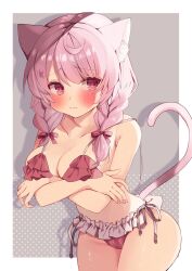 Rule 34 | animal ears, arms under breasts, bare arms, bikini, blush, bow, braid, breast lift, breasts, cat ears, cat girl, cat tail, cleavage, closed mouth, collarbone, cowboy shot, embarrassed, frilled bikini, frills, furrowed brow, hair bow, highres, izumiya konomi, large breasts, long hair, looking away, pink eyes, pink hair, pout, red bikini, red bow, side-tie bikini bottom, swimsuit, tail, tail raised, twin braids, twintails, untied bikini, virtual youtuber, wavy mouth