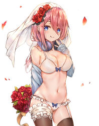 Rule 34 | 1girl, :q, absurdres, bare shoulders, blue cardigan, blue eyes, blush, bouquet, bra, breasts, bridal garter, brown thighhighs, cardigan, cleavage, closed mouth, cowboy shot, flower, frilled panties, frills, garter straps, go-toubun no hanayome, groin, hair between eyes, hair flower, hair ornament, hand up, headphones, headphones around neck, highres, holding, holding bouquet, lace, lace-trimmed bra, lace-trimmed panties, lace trim, long hair, long sleeves, looking at viewer, luminous, nakano miku, navel, off shoulder, panties, petals, pink hair, red flower, rose, sidelocks, simple background, sleeves past wrists, smile, solo, standing, stomach, thighhighs, tongue, tongue out, underwear, veil, white background, white bra, white panties