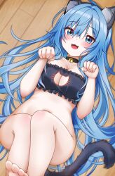 Rule 34 | 1girl, :3, absurdres, animal ears, bell, black hairband, blue eyes, blue hair, blush, bottomless, breasts, cat cutout, cat ears, cat tail, cleavage cutout, clothing cutout, collar, elie wayne, fake animal ears, hairband, highres, jan azure, large breasts, legs together, long hair, looking at viewer, neck bell, on floor, open mouth, original, paw pose, sidelocks, tail, very long hair, wide hips, wooden floor