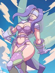 Rule 34 | ass, blue sky, curvy, deathzerareal, digimon, digimon (creature), fairimon, fairy, fairy wings, gloves, head wings, highres, lips, long hair, mask, revealing clothes, shiny skin, sky, smile, thong, very long hair, wide hips, wings