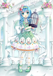 Rule 34 | 1girl, bird, birdcage, blue eyes, cage, date a live, dress, eyepatch, feathers, flower, frilled dress, frills, green footwear, gyaza, headband, indoors, lolita fashion, multicolored clothes, multicolored dress, open mouth, puffy sleeves, ribbon, solo, striped ribbon, yoshino (date a live), yoshinon