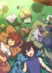 Rule 34 | 3boys, book, candy, character request, child, highres, indoors, lvlv, male focus, multiple boys, pillow, sleeping, tagme, vest
