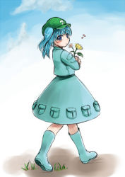 Rule 34 | 1girl, blue eyes, blue hair, fechirin, female focus, flower, full body, gradient background, hair bobbles, hair ornament, hat, kawashiro nitori, matching hair/eyes, nature, outdoors, plant, short hair, skirt, sky, solo, touhou, twintails, two side up, white background
