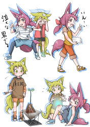 Rule 34 | &gt; o, 1boy, 1girl, 3:, animal ears, bandaid, black shorts, blonde hair, blue pantyhose, blue shirt, blue shorts, blush, bow, branch, brown footwear, brown shirt, clenched hands, crying, doitsuken, fang, firewood, flying sweatdrops, fox ears, fox tail, hair bow, highres, holding, holding branch, long sleeves, on ground, one eye closed, orange pantyhose, orange shorts, original, pantyhose, pantyhose under shorts, ponytail, purple eyes, purple hair, red bow, red shirt, sandals, shirt, short sleeves, shorts, sleeveless, sleeveless shirt, striped clothes, striped shirt, tail, tears, v, walking, white background, white shirt, yellow eyes, yellow footwear