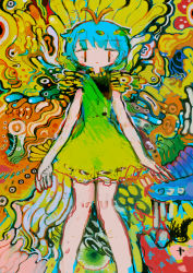 Rule 34 | 1girl, abstract, abstract background, aqua hair, bare legs, colorful, dress, eternity larva, feet out of frame, green dress, hito (nito563), looking at viewer, no nose, sleeveless, sleeveless dress, solo, touhou